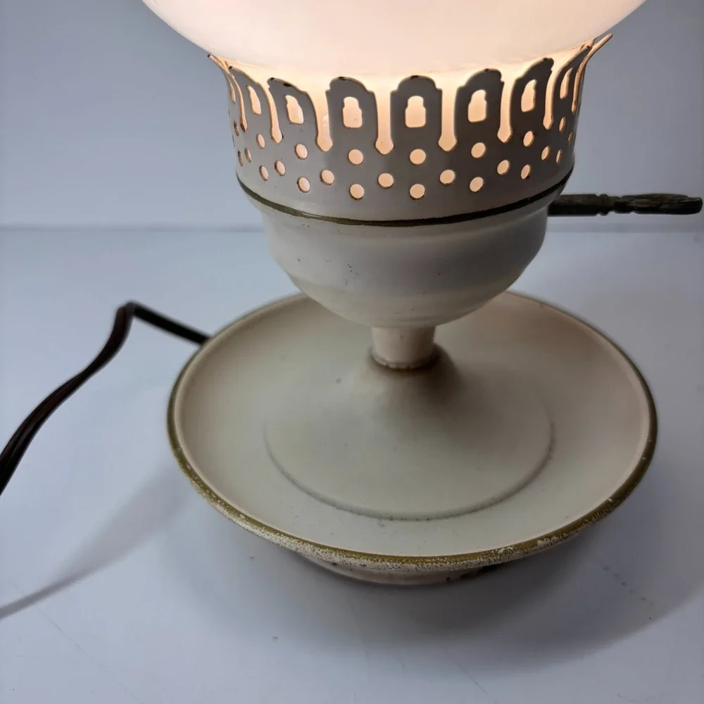 Milk Glass Hand Painted Floral Hurricane Vanity Table Lamp Trinket Tray VTG